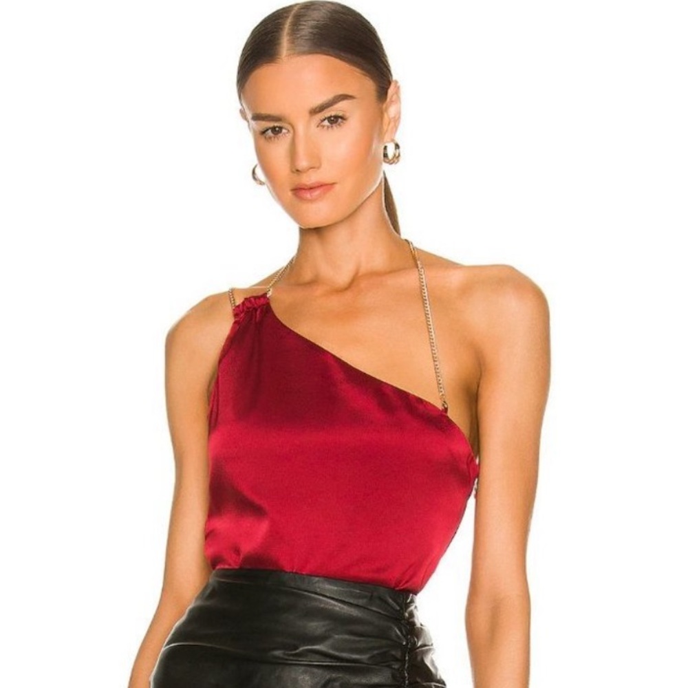 NWT NBD Aldis Bodysuit in Burgundy Satin One Shoulder
